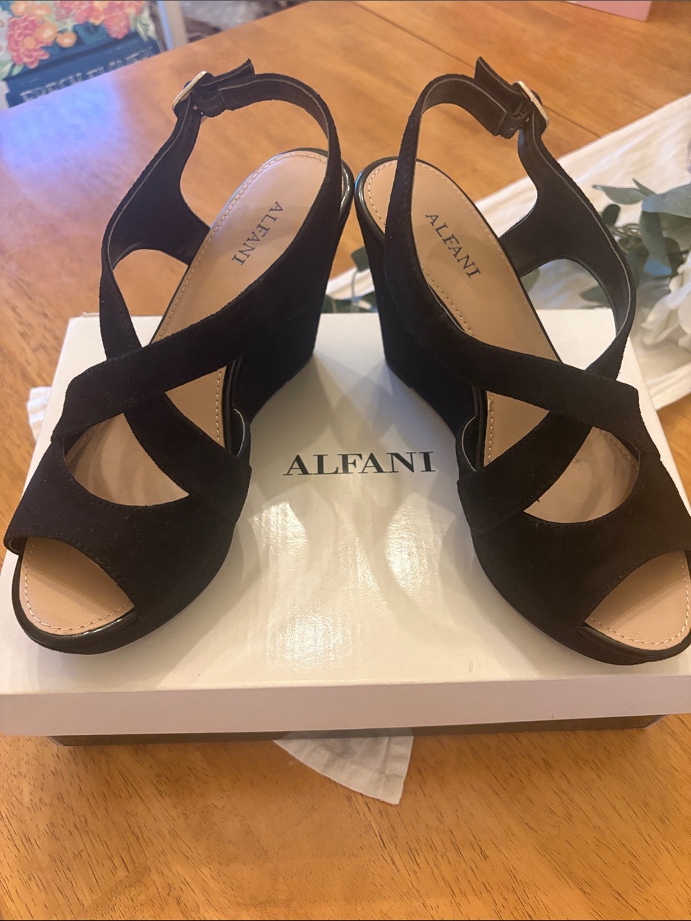 Alfani Black Suede Crisscross Wedge Sandals - Picture 2 of 7